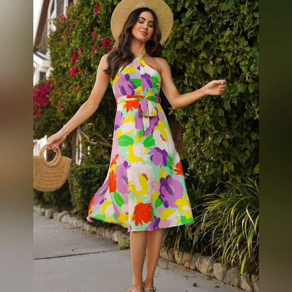 SALE! 006. SLEEVELESS HALTER NECK FLORAL MIDI DRESS - Picture 1 of 4